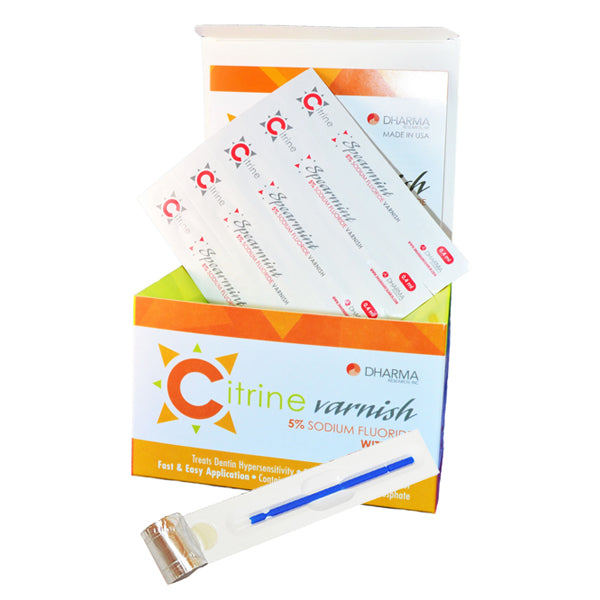 Dharma 56-00202 Citrine 5% Sodium Fluoride Varnish Vanilla Cake 50/Pk 0.4 mL Dharma 56-00202 Citrine 5% Sodium Fluoride Varnish Vanilla Cake 50/Pk 0.4 mL